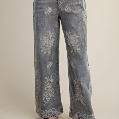 Floral Embroidered Stone-Washed Denim Pants