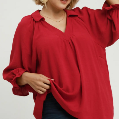Solid Collared V-Neck Top w/Self-Binding Details in Crimson
