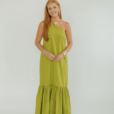 Crosby Lime Asymmetrical One Shoulder Ruffled Maxi Dress