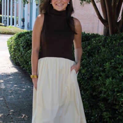 Brown/Cream Mockneck Midi Dress