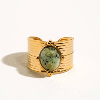 Oasis 18K Gold Non-Tarnish Stone Bold Adjustable Ring: Green