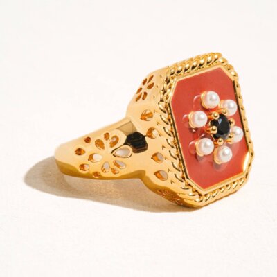Rouge 18K Gold Red Enamel Vintage Adjustable Ring: Red