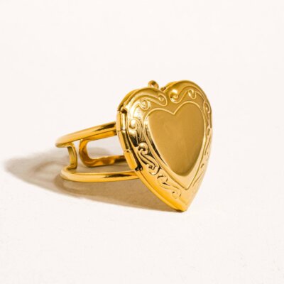 Sefina 18K Non-Tarnish Locket Heart Ring: Yellow Gold