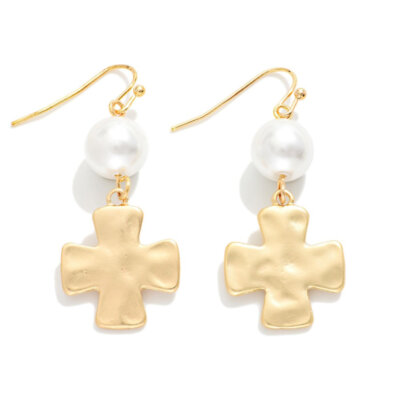 Hammered Cross Pearl Earrings