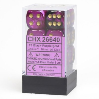 Chessex Gemini Black-Purple/Gold 16mm d6 Dice Block – 12 Dice Set