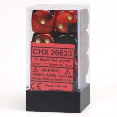 Chessex Gemini Black-Red/Gold 16mm d6 Dice Block – 12 Dice Set