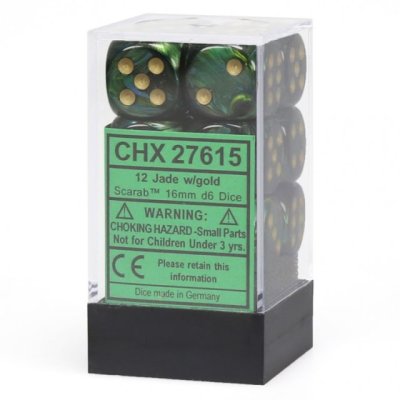 Chessex Scarab Jade/Gold 16mm d6 Dice Block – 12 Dice Set
