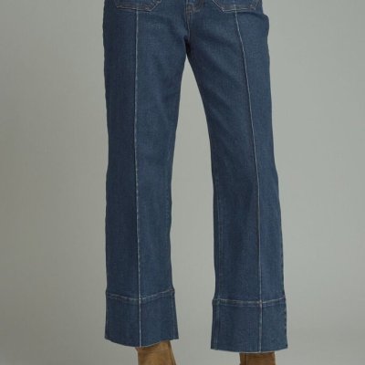 Denim pants w/front seam detail and wide hem band
