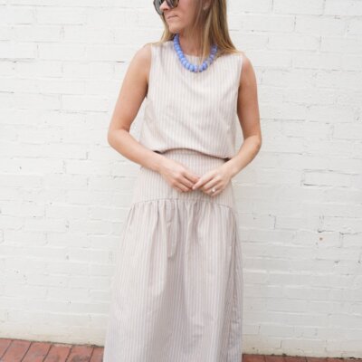 Taupe & Blue Pinstripe Drop Waist Maxi Skirt Matching Set