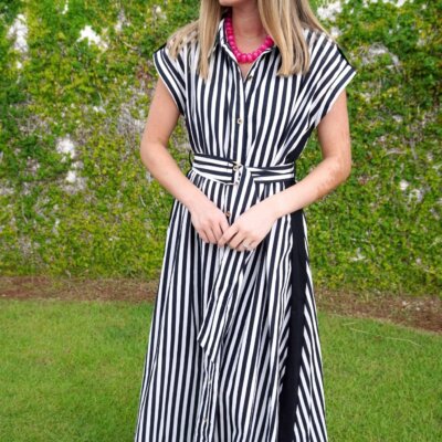 Black Stripe Belted Midi Dress