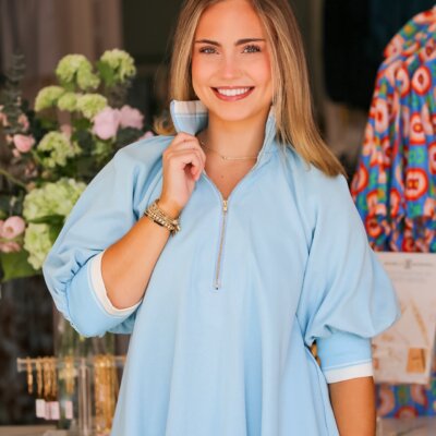 Mock Neck Half Zip Puff Sleeve Top in Blue