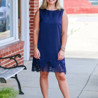 Lace Detail Satin Shift Dress in Navy