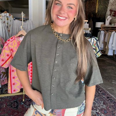Soft Spoken Olive Henley Top