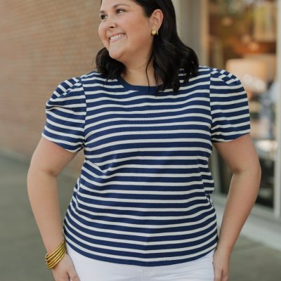 Larissa Navy Striped Pleat Sleeve Tee (XS-XL)