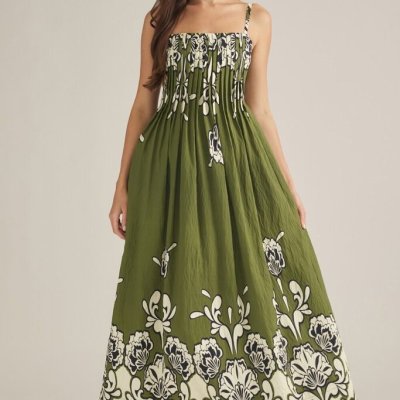 Sleeveless Olive Floral Midi Dress