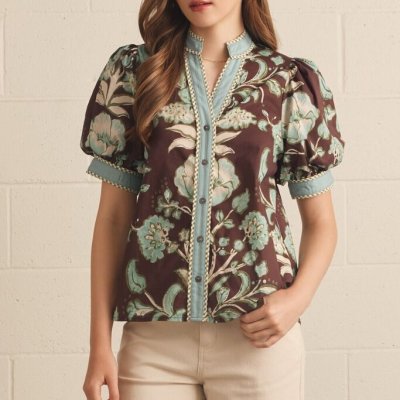 Puff Sleeve Contrast Floral Top