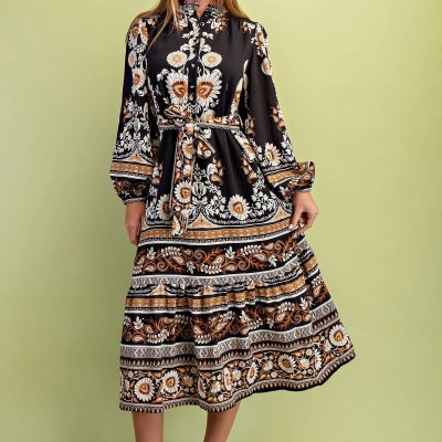 Black Mix Floral Tie Waist Midi Dress