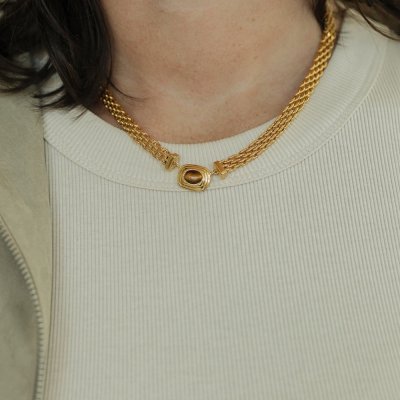 Tiger's Eye Gold Button Necklace