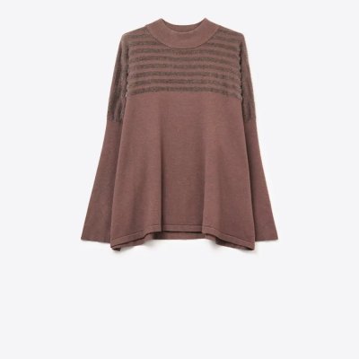 Brown Knit Sweater with Fluffy Stripe Detail