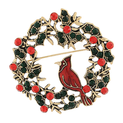 Cardinal Christmas Wreath Brooch