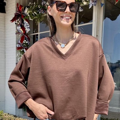 V-Neck Bubble Sweatshirt-Brown