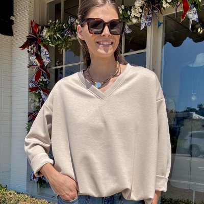 V-Neck Bubble Sweatshirt-Tan