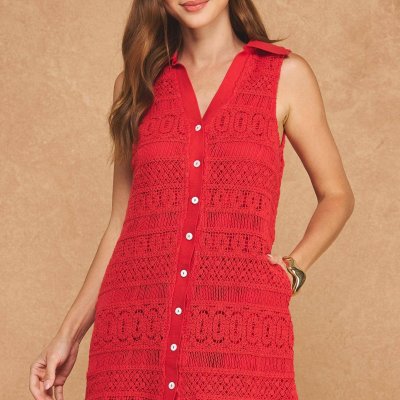 Crochet Lace Button Down Sleeveless Collared Mini Dress