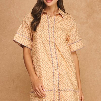 Retro Floral Stripe Piping Short Sleeve Shirt Mini Dress
