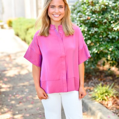 Mock Neck Stitch Detailed Button Down-Fuchsia