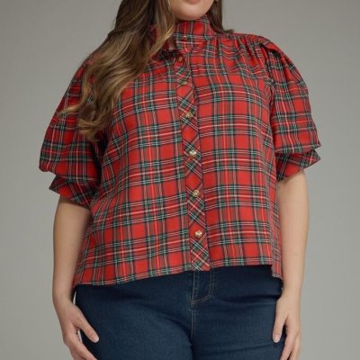 Plaid Puff Sleeve Button-Down Blouse
