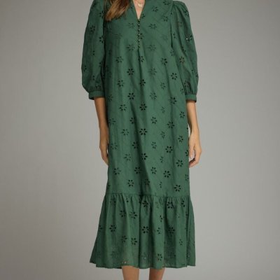 Floral Eyelet 3/4 Puff Sleeve Midi Dress