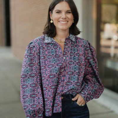 Lillian Navy/Pink Floral Button Down Blouse