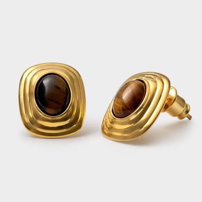 Tigers Eye Waterproof Gold Button Stud Earrings