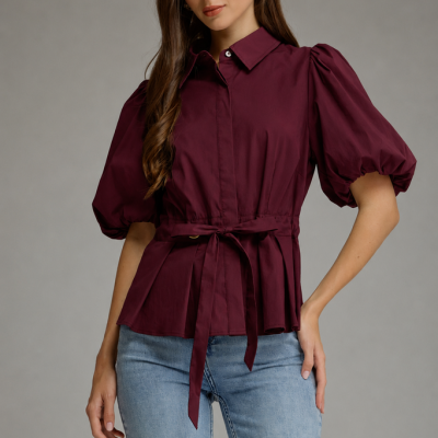 Tie Waist Wine Blouse