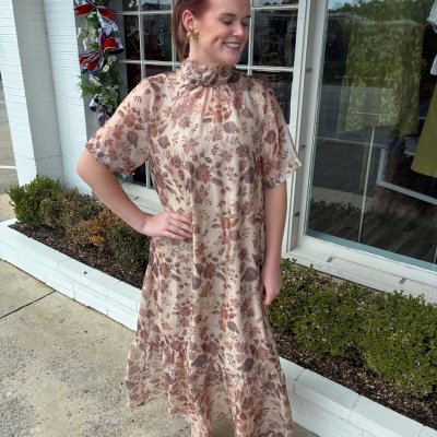Floral Overlay Midi Dress- Taupe