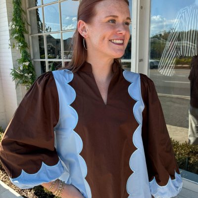 Sky Blue & Chocolate Scallop Blouse