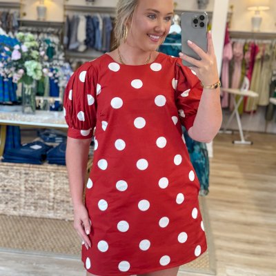 Puff Sleeve Polka Dot Mini Dress-Crimson/Off White