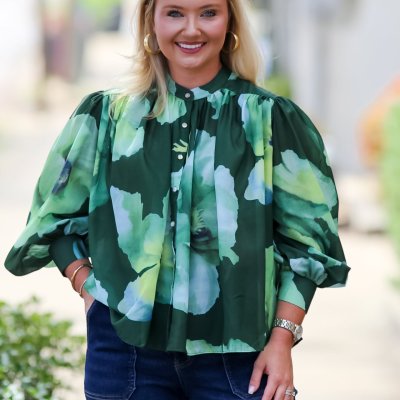 Voluminous Floral Print Blouse in Olive