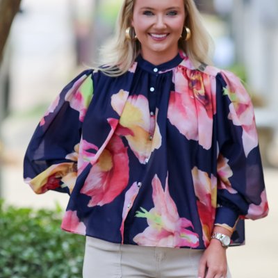 Voluminous Floral Print Blouse in Navy