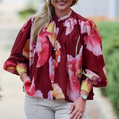 Voluminous Floral Print Blouse in Burgundy