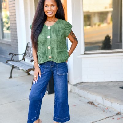 Gold Button Sweater Vest in Army Green