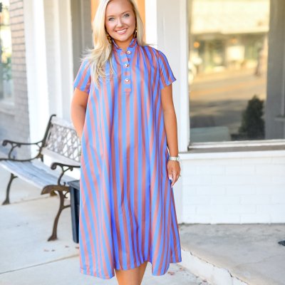 High Neck Stripe Midi Dress in Royal