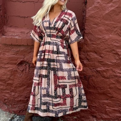 CIEBON Tan Multi Printed V-Neck Maxi Dress