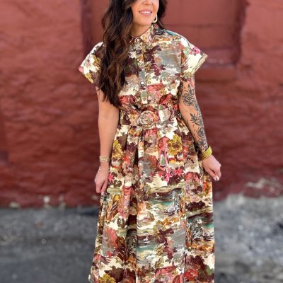 Cottage Garden Belted Midi Shirt Dress