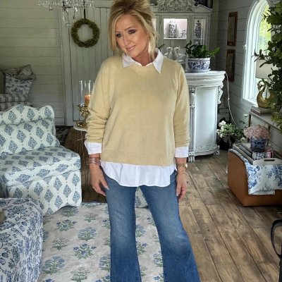 Plus Oatmeal-White Azira Mix Media Collared Sweater