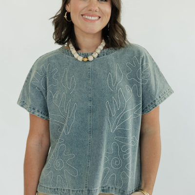 Stella Embroidered Short Sleeve Denim Top