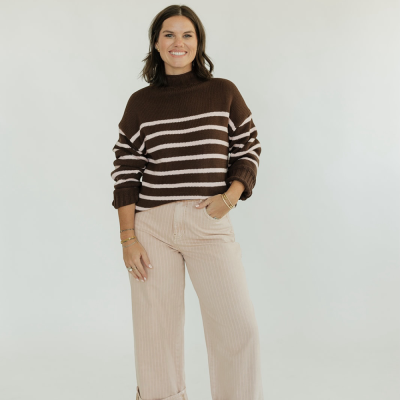 Skylar Brown Striped Mauve Mock Neck Sweater