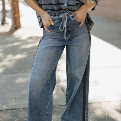 Durango Suede Side Trim Detail Denim Straight Leg Pants (XS-XL)