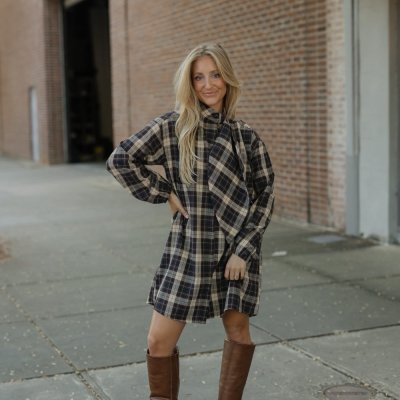 Brown Plaid Button Down Dress