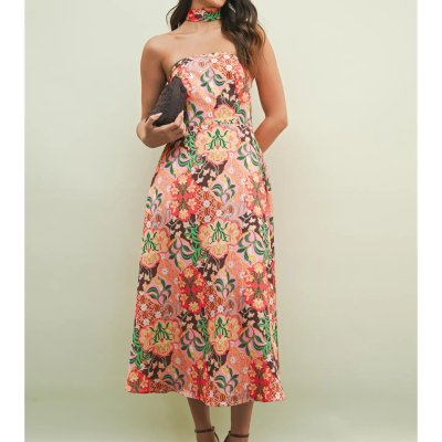 Garden Party Strapless Satin Midi Dress with Scarf